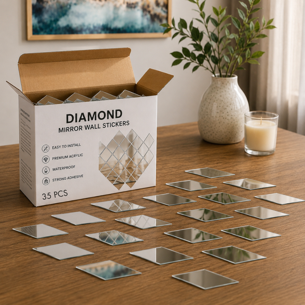 Oglinzi Decorative Autoadezive Diamond Mirror Set 35 Piese Acrilice pentru Perete, Design Modern 3D