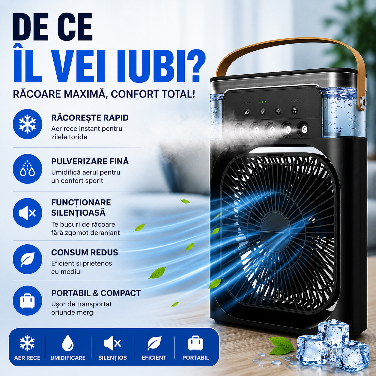 Ventilator Portabil cu Funcție de Umidificare și Răcire a Aerului