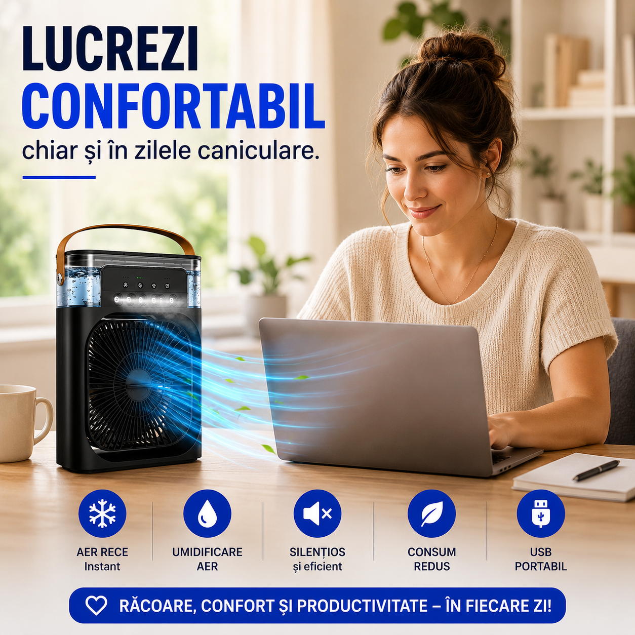 Ventilator Portabil cu Funcție de Umidificare și Răcire a Aerului